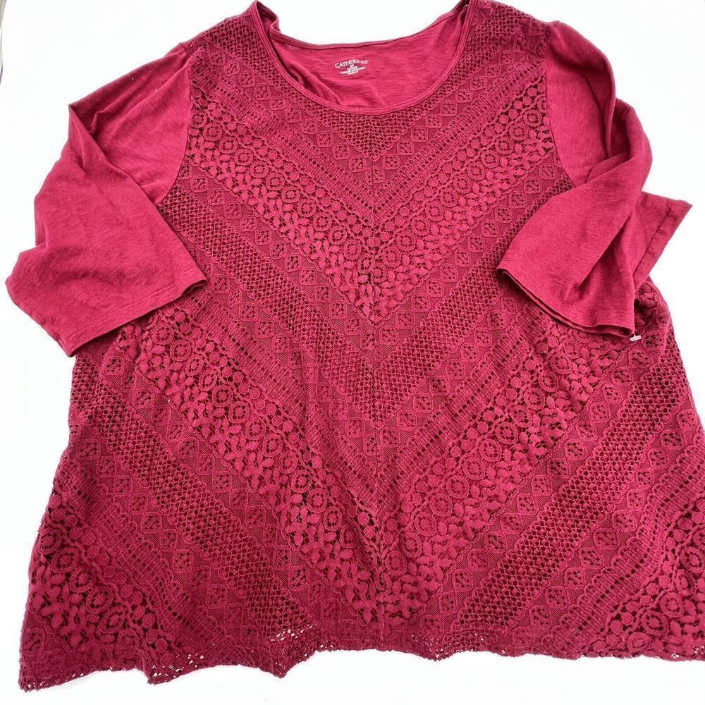 Catherine’s Cranberry Blouse Lace Overlay Top Size 2X